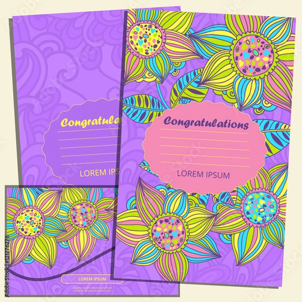 Fototapeta Floral card design, flowers and leaf doodle elements. Illustration made of flowers and herbs.   Invitation Template: holiday cards set. postcards and envelope 