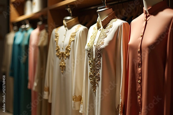 Obraz Elegant Islamic clothing with intricate embroidery displayed in a boutique with soft lighting