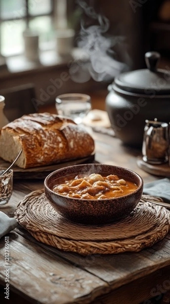 Obraz A rustic wooden table set for dinner with Mocha Mousse color ceramic plates, baked bread, and a steaming pot of hearty stew