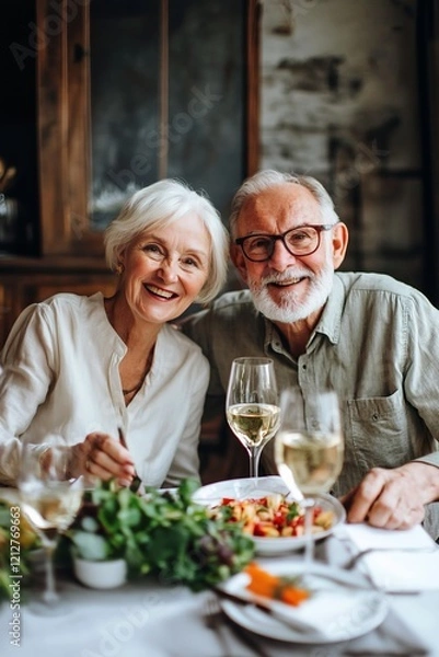 Fototapeta A couple is sitting at a table with wine glasses and a plate of food