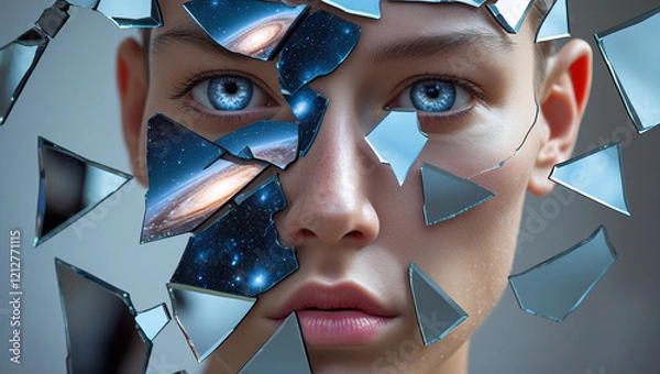Obraz  A human face composed of broken mirror shards, each reflecting a different emotion or scene. Pieces are missing, and through the gaps, a serene galaxy or void is visible, representing self-discovery.