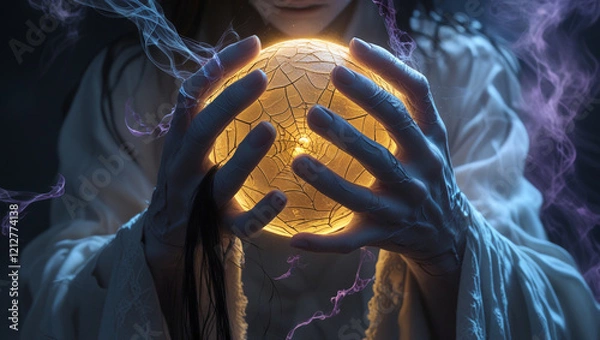 Obraz A pair of hands tightly gripping a glowing ball of light, with cracks appearing on the hands, symbolizing inner pressure. Tendrils of shadowy smoke rise from the light, encircling the figure.
