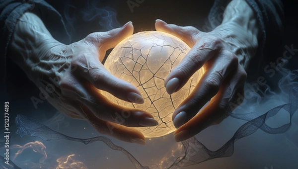 Obraz A pair of hands tightly gripping a glowing ball of light, with cracks appearing on the hands, symbolizing inner pressure. Tendrils of shadowy smoke rise from the light, encircling the figure.
