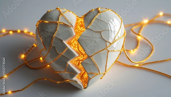 Obraz A cracked ceramic heart being pieced back together with golden threads (kintsugi-inspired). Each thread glows softly, radiating warmth, symbolizing the beauty of healing.
