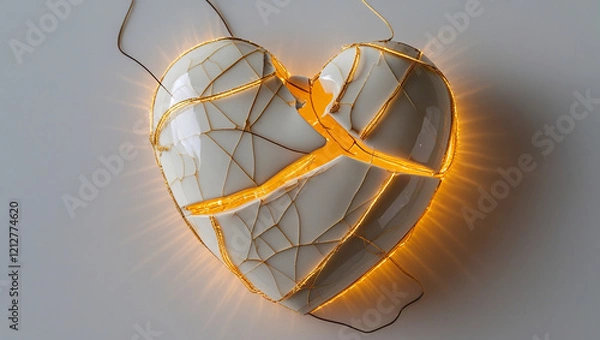 Obraz A cracked ceramic heart being pieced back together with golden threads (kintsugi-inspired). Each thread glows softly, radiating warmth, symbolizing the beauty of healing.
