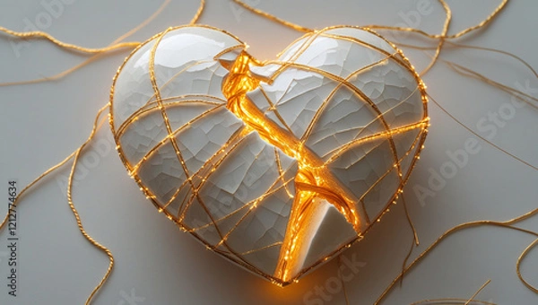 Obraz A cracked ceramic heart being pieced back together with golden threads (kintsugi-inspired). Each thread glows softly, radiating warmth, symbolizing the beauty of healing.
