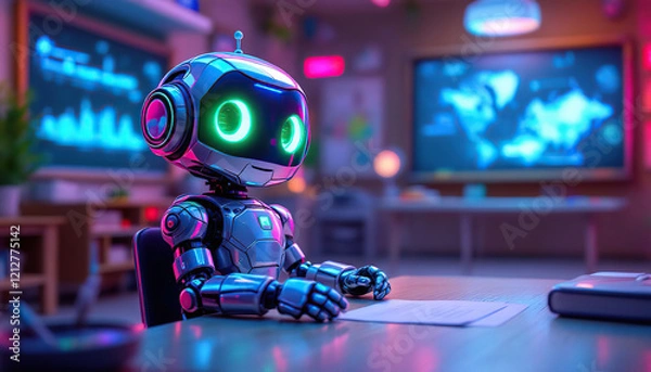 Fototapeta Robot reviewing documents in futuristic office setting