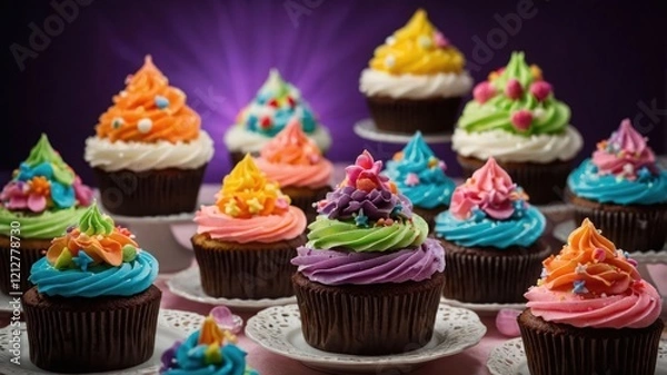 Fototapeta A colorful display of decorated cupcakes with vibrant frosting and toppings.