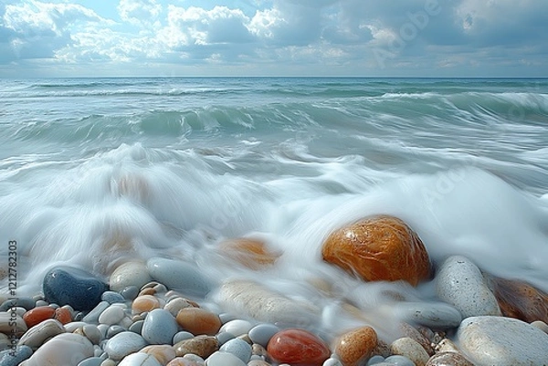 Fototapeta Smooth ocean waves wash over colorful beach stones