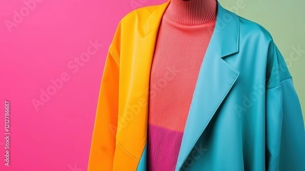 Fototapeta A dynamic shot of a fashion show, focusing on a bold avant-garde outfit on the runway with vibrant colors and minimalist background