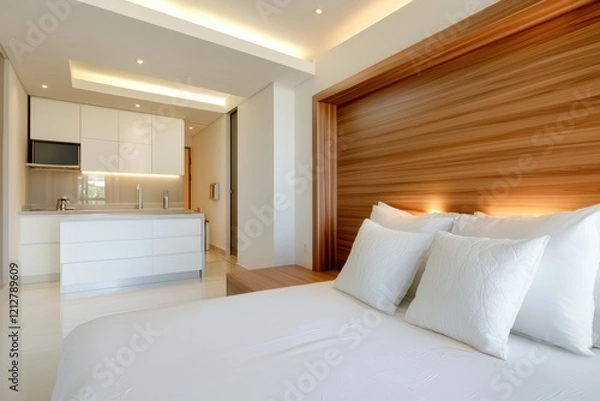 Fototapeta A small yet stylish studio apartment with a functional layout, minimalist furniture, and creative storage solutions for modern living