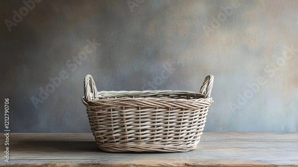 Obraz A single handmade wicker basket styled on a rustic wooden table with neutral tones. picture