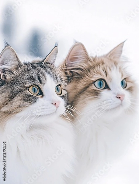 Fototapeta Two fluffy cats with striking blue and golden eyes gazing attentively, set against a soft snowy white background