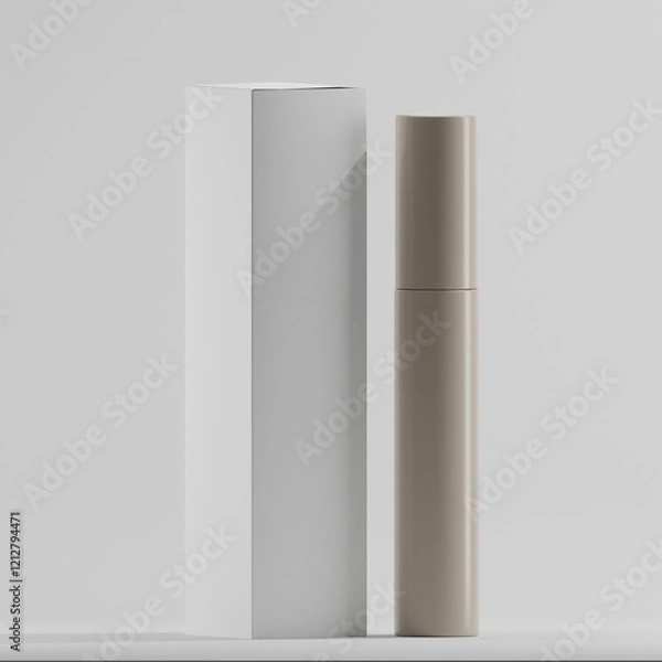 Obraz A beige mascara tube stands next to a tall, slender white box against a plain white background. This minimalist mockup is ideal for showcasing beauty products and branding designs.