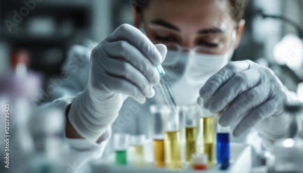 Fototapeta Female scientist conducting experiment with test tubes in laboratory