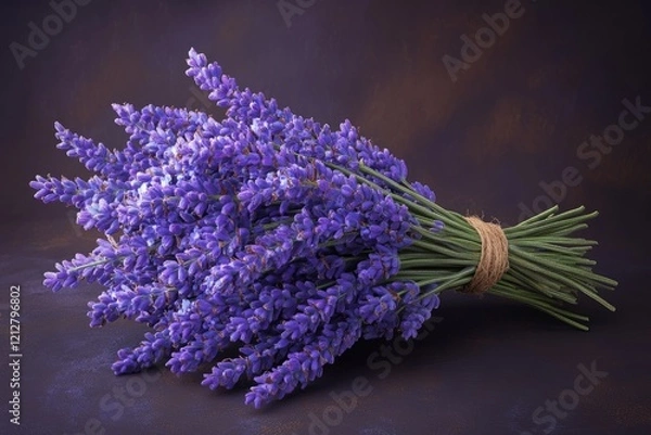 Fototapeta Bunch of freshly cut fragrant lavender flowers tied with twine resting on a dark background, creating a serene and aromatic scene