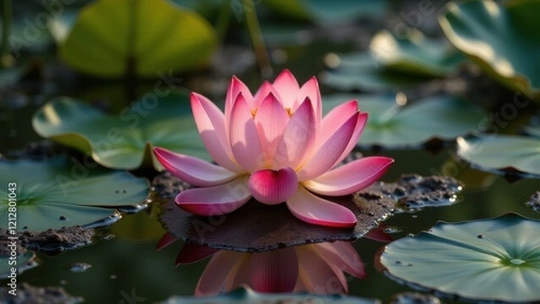 Fototapeta A striking image capturing a lotus blooming through murky water, epitomizing the triumph of enlightenment and the resilience of the human spirit in Buddhist tradition.