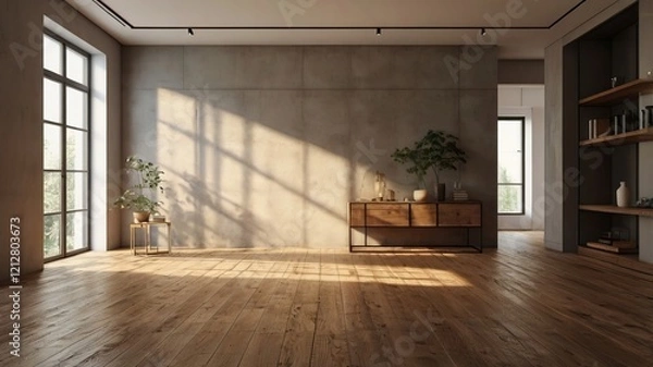 Fototapeta Empty Room Interior with Wooden Floor and Sunlight Glare from Window – Minimalist Design