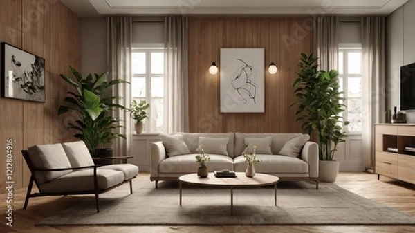 Fototapeta Minimalist Empty Living Room with Light Wooden Flooring and Neutral-Toned Furniture