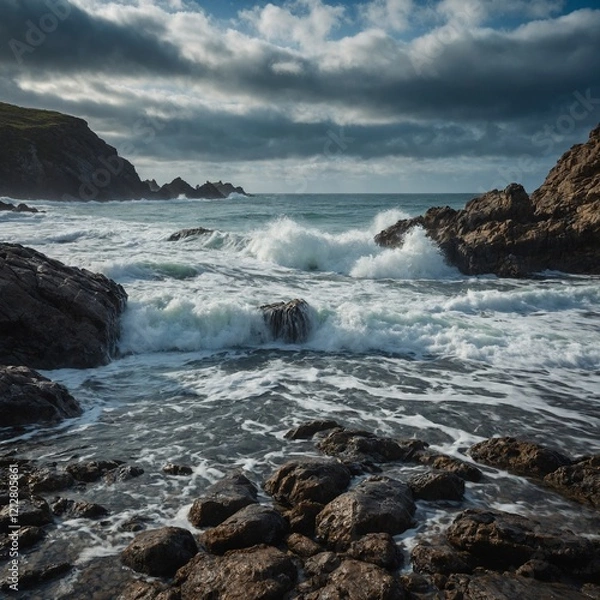 Fototapeta "A rocky beach with waves crashing against the shore, high-resolution DSLR shot, blurred horizon line."