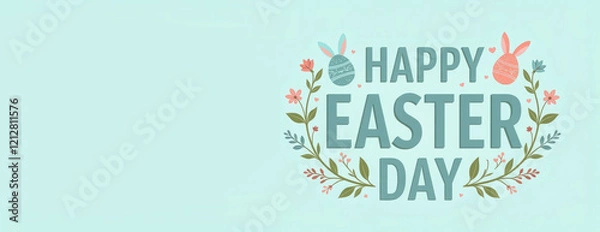 Obraz Inscription in green letters “Happy Easter Day”. Inscription center decorated with sprigs of greenery and flowers, painted eggs with bunny ears on pastel blue background. Concept Easter postcard