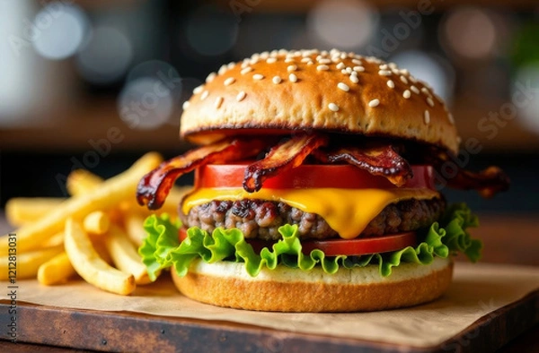 Obraz Tasty burger with juicy patty, fried bacon, fresh herbs and cheese on wooden board, with fries lying nearby. Background cafe blur. Fast food concept