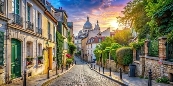 Fototapeta Montmartre Cobblestone Street Descent - Parisian Perspective