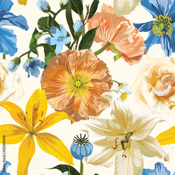 Obraz Seamless Pattern. Garden flowers. Magical lily, daisy, poppy and rose flowers. Realistic vector image. Print for all types of surfaces. Trendy print.