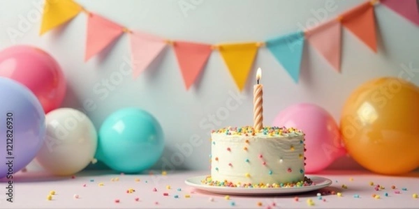 Fototapeta A single candle illuminates a delightful birthday cake, surrounded by pastel balloons and festive bunting, creating a cheerful celebration scene.