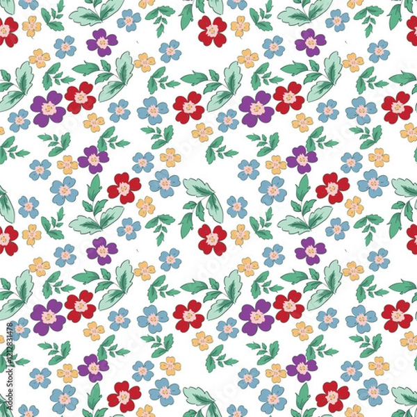 Fototapeta Seamless floral pattern, romantic ditsy print in delicate pastel colors. Cute botanical design of pretty small hand drawn flowers, tiny leaves, simple bouquets abstract. Vector illustration