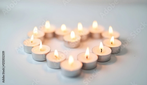 Fototapeta Romantic heart shaped arrangement of glowing tea light candles spreading soft illumination against pristine white surface, symbolizing intimate love celebration