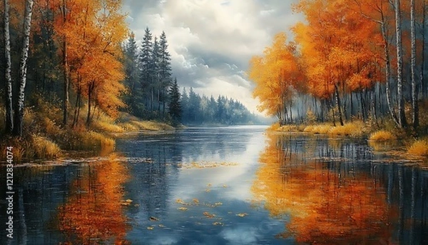 Fototapeta Serene autumnal lake reflecting vibrant orange and yellow trees under a cloudy sky.
