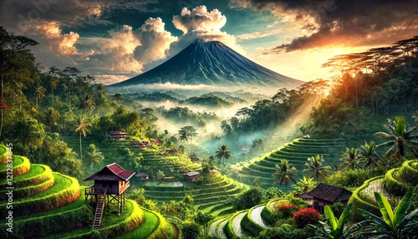 Fototapeta A majestic volcanic peak with lush forests, terraced fields, and misty mornings. Sunlight pierces through clouds, highlighting a serene village with wooden houses and colorful flowers