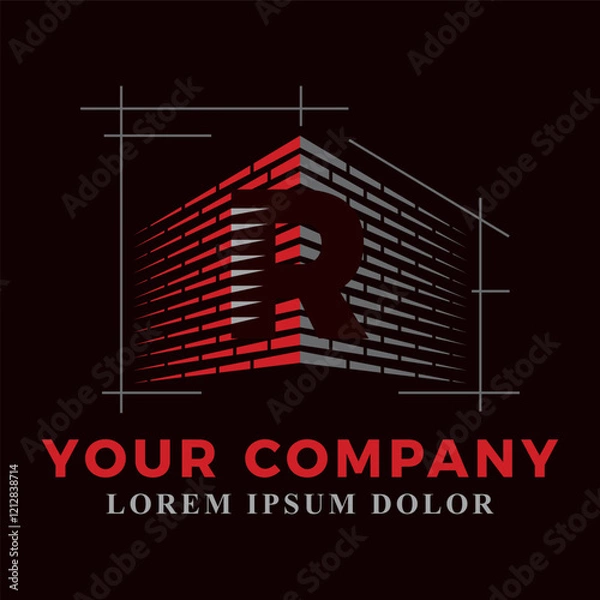 Obraz Brick laying construction combined with initial letter R logo design. Construction logo design template 