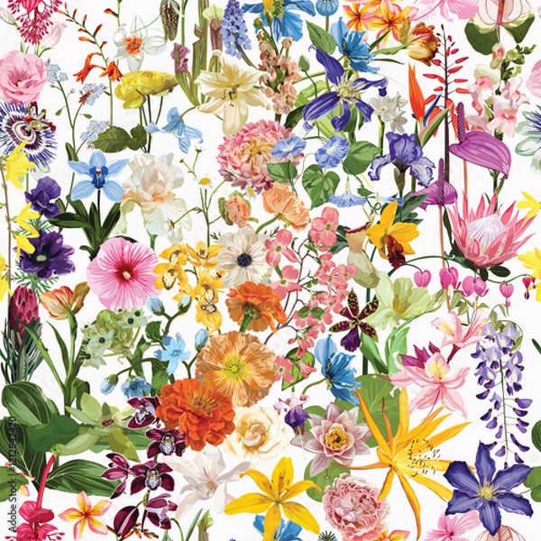 Obraz Seamless pattern with hand drawn colored decorative tropical and garden flowers. Hand drawn sketch. Template for floral textile design, paper, wallpaper, web.