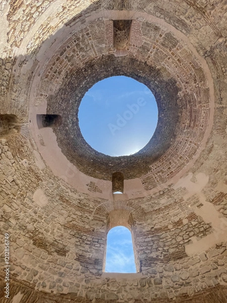 Fototapeta Split, Croatia - July 1, 2024: Historic downtown. Looking straigth up from under the open dome of Vestibule historic building in Diocletian Palace