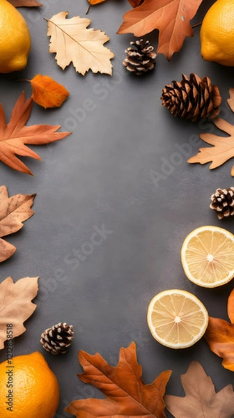 Fototapeta Autumnal frame of lemons, leaves, and pine cones on dark background. Ideal for seasonal greetings or recipe blogs