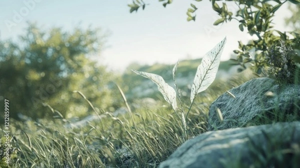 Obraz Serene Meadow: A Tranquil Landscape of Lush Greenery and Sunlight