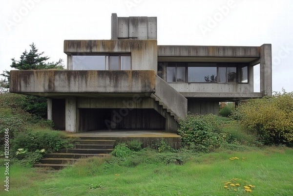 Fototapeta A modernist concrete Brutalist style house with a unique architectural design, featuring large windows and a staircase leading to the entrance. 