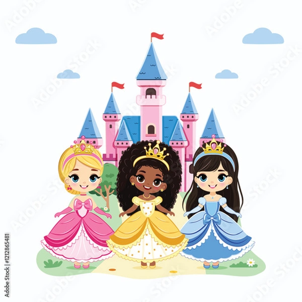Fototapeta Cute little princesses with beautiful eyes and golden crown stands in front of the castle. Poster, Banner, Flyer, Greeting Card. Vector illustration in flat drawn cartoon style