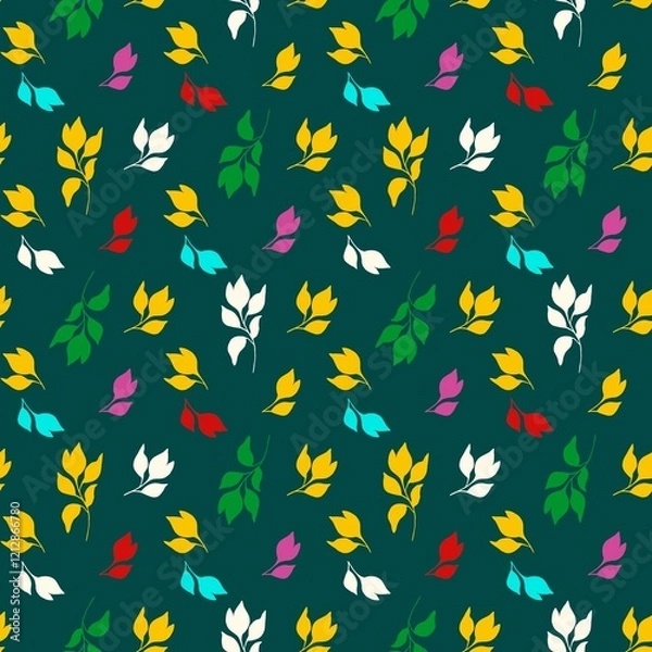 Fototapeta Seamless pattern with bright multi-colored leaves on a green background. Floral ornament in a rich color palette is ideal for textiles, packaging and wallpapers.