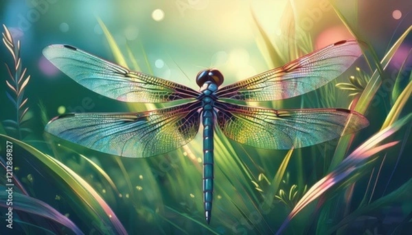 Obraz A colorful dragonfly flits gracefully above lush, green grass in a lively spring setting.