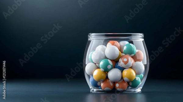 Fototapeta Colorful balls in glass jar on dark background;  concept of variety, choice, or opportunity