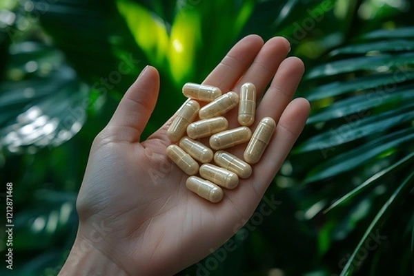 Obraz A hand holding kratom capsules against a natural background, showcasing the product in a clean and organic setting.