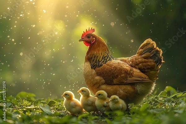 Obraz A hen protecting her chicks from the rain with her wings, with sunlight shining through, creating a tender atmosphere.