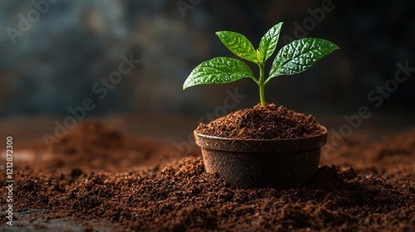 Obraz A heap dark brown Coco Peat soil amendment surrounds a small potted plant, highlighting the sustainable gardening material's moisture-retentive properties and earthy texture