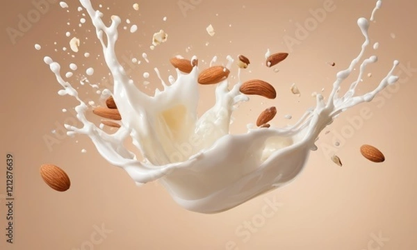 Fototapeta Almond Milk Splash: A captivating image of almond milk splashing and swirling with whole almonds scattered around. The milky white liquid explodes with energy against a soft brown background.