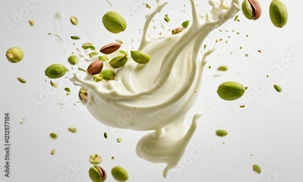 Fototapeta Pistachio Milk Splash: A dynamic splash of creamy pistachio milk erupts, sending a cascade of fresh green pistachios into the air.