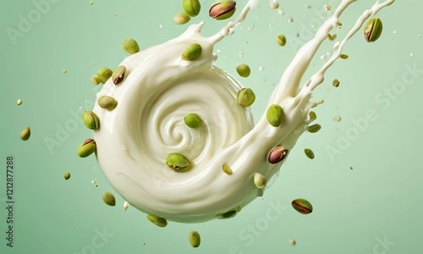 Fototapeta Pistachio Cream Swirl: A dynamic splash of creamy pistachio dessert, swirling with scattered pistachio nuts against a pastel green backdrop.