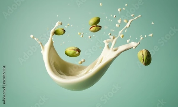 Fototapeta Pistachio Milk Splash:  A dynamic splash of creamy pistachio milk explodes outwards, with several vibrant green pistachios suspended mid-air, creating a visually captivating image.